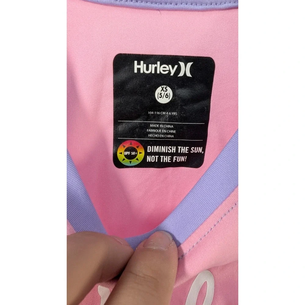 Hurley Girl Pink Purple Heart Logo Rash Guard Long Sleeve Swim Shirt Size XS 5/6